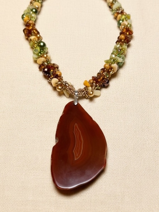 Unbranded Jewelry - Artisan Chunky Carnelian Agate Slice Pendant Necklace, Carnelian Peridot Earthy